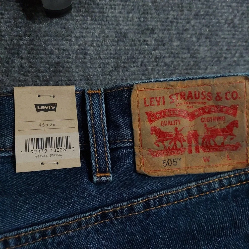 Levis 505 Regular Jeans Mens 46x28 Blue Dark Wash Straight 100% Cotton Denim